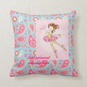 Customize Pink Blue Paisley Flower Fairy Ballerina Throw Pillow