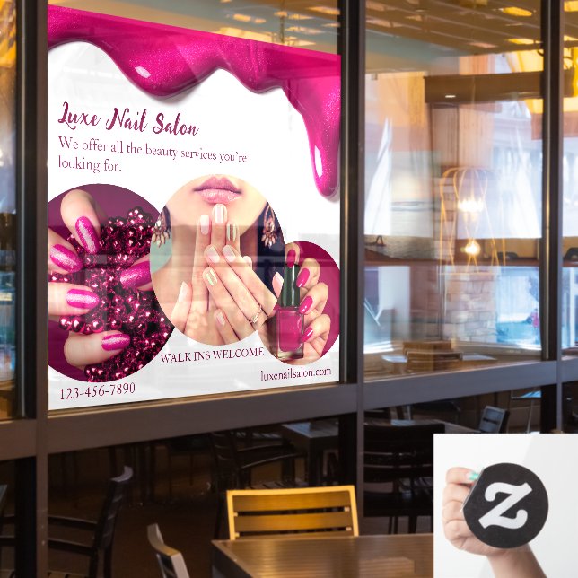 Customize Pink Elegant Nail Art Salon Shop  Window Cling (Restaurant Window)