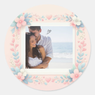 Customize Pink flowers Valentine's Day 2 Photo Classic Round Sticker