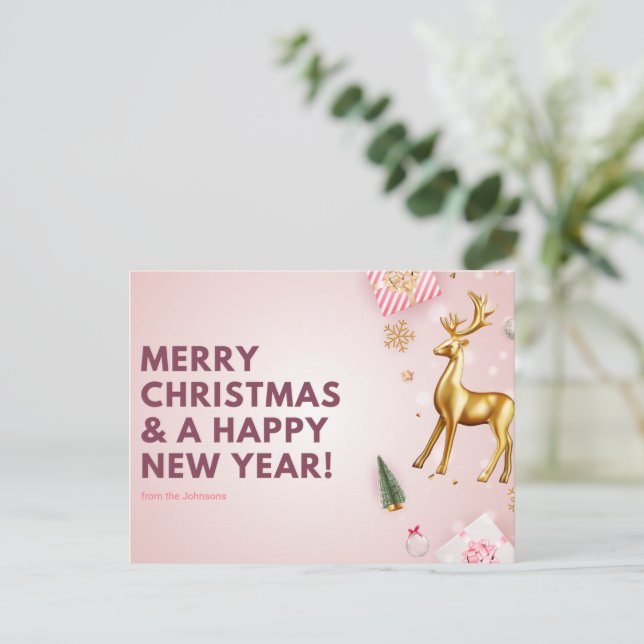 Customize Pink Merry Christmas and Happy New Year  Postcard (Standing Front)