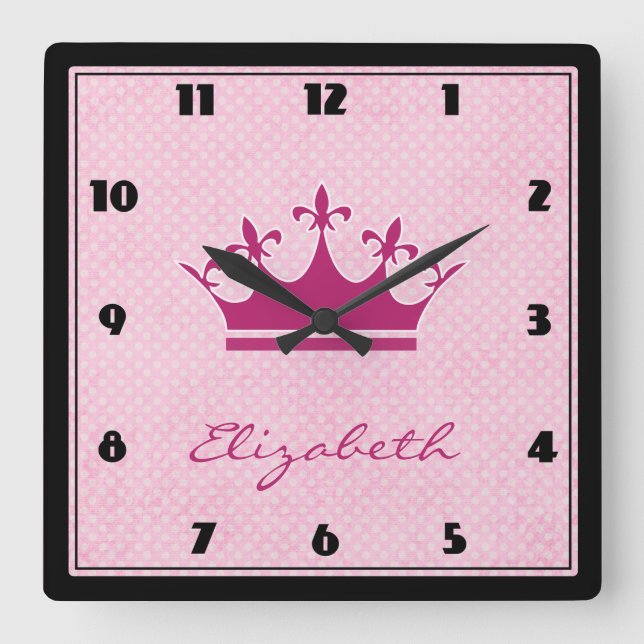 Customize Pink Tiara with Polka Dots Square Wall Clock (Front)