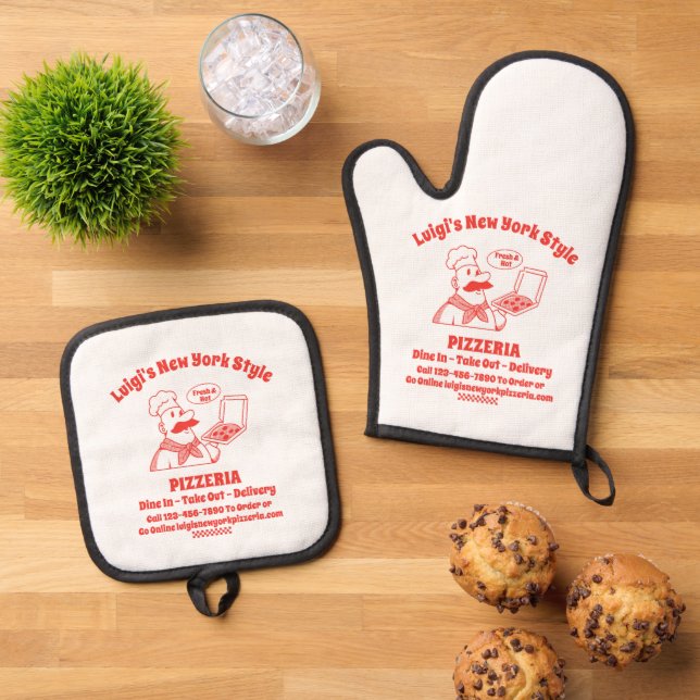 Customize Pizza Restaurant Detailed Pizza Chef  Oven Mitt & Pot Holder Set (Top Down)