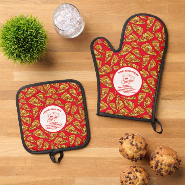 Customize Pizza Restaurant Detailed Pizza Chef  Oven Mitt & Pot Holder Set (Top Down)