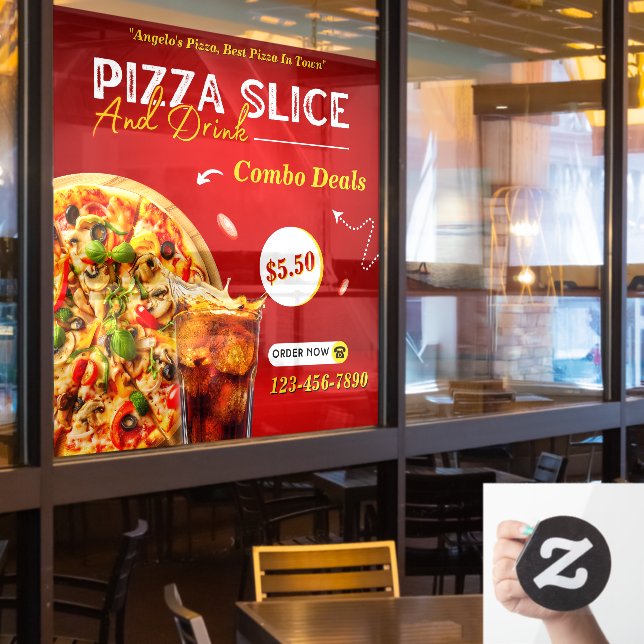Customize Pizza Slice And A Drink Promo  Window Cling (Restaurant Window)