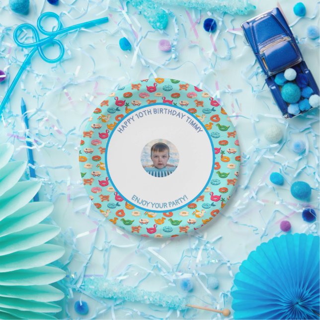 Customize Pool Birthday Party Little Boy Picture Paper Plate (Party)