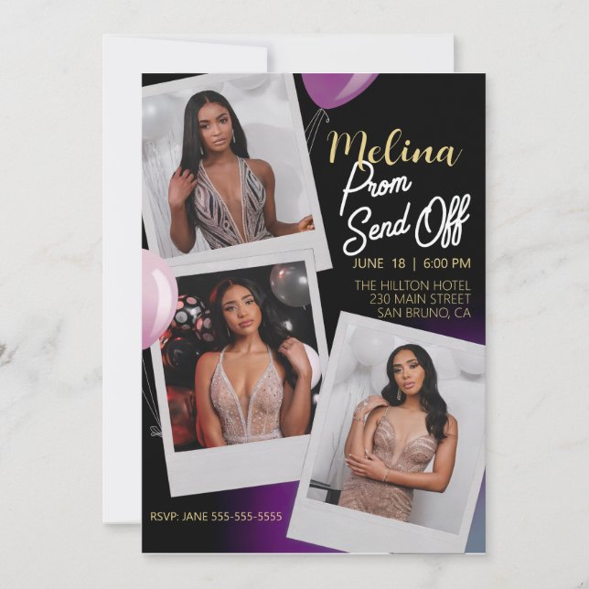 Customize Purple Gold Photo Prom Send Off Invitation (Front)