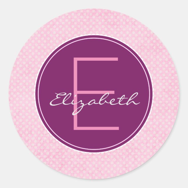 Customize Purple Monogram Circle on Pink Polka Dot Classic Round Sticker (Front)