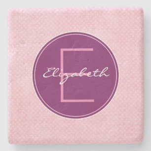 Customize Purple Monogram Circle on Pink Polka Dot Stone Coaster