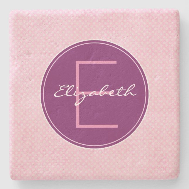Customize Purple Monogram Circle on Pink Polka Dot Stone Coaster (Front)