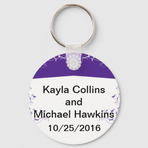 Customize Purple White Floral Flourish Keychain