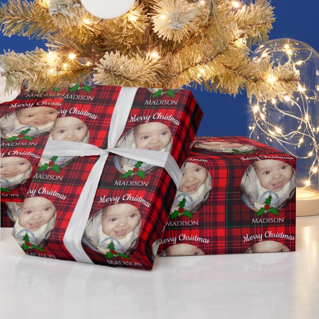 Customize Red Christmas tartan Holly twig photo Wrapping Paper (Holidays)