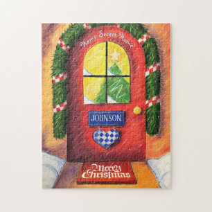 Customize Red Merry Christmas Front Door Home Jigsaw Puzzle