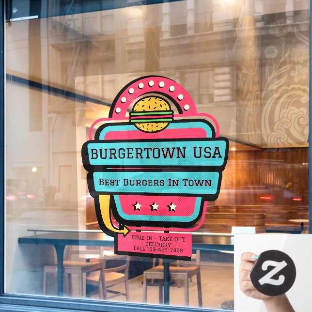 Customize Retro Burger Restaurant Front  Window Cling (Cafe Window)