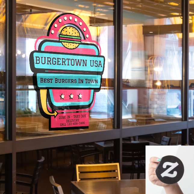 Customize Retro Burger Restaurant Front   Window Cling (Restaurant Window)