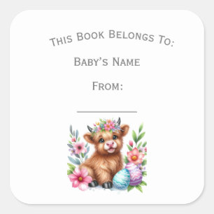 Customize Rustic Cute Baby Highland Cow Book Plate Square Sticker