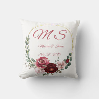 Customize Rustic Linen Wreath Monogram Wedding Throw Pillow