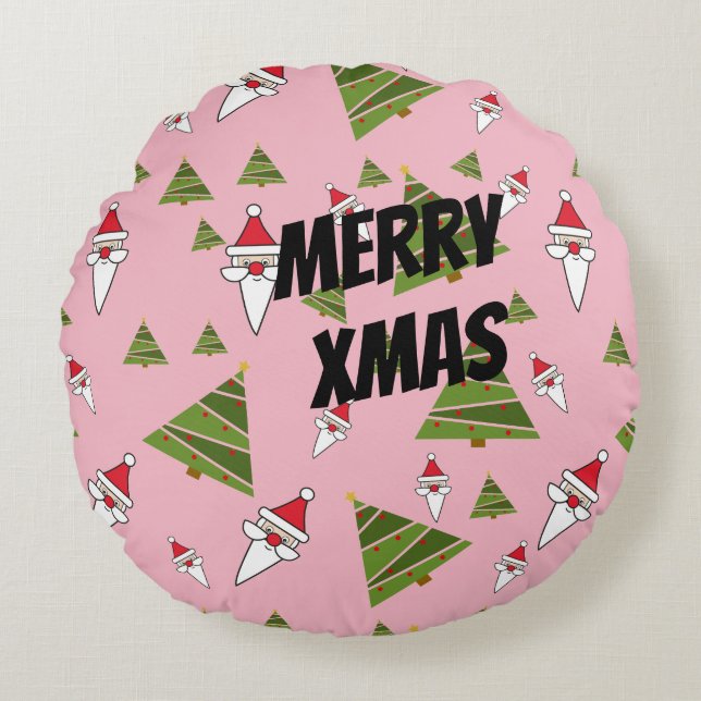 Customize Santa and Christmas Tree Round Pillow (Front)