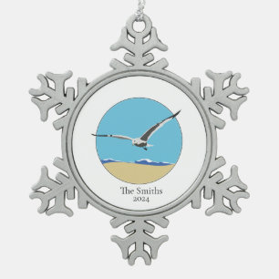 Customize Sea Gull flying over sand and beach Snowflake Pewter Christmas Ornament