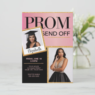Customize Sparkling Pink Black Prom Send Off Photo Invitation