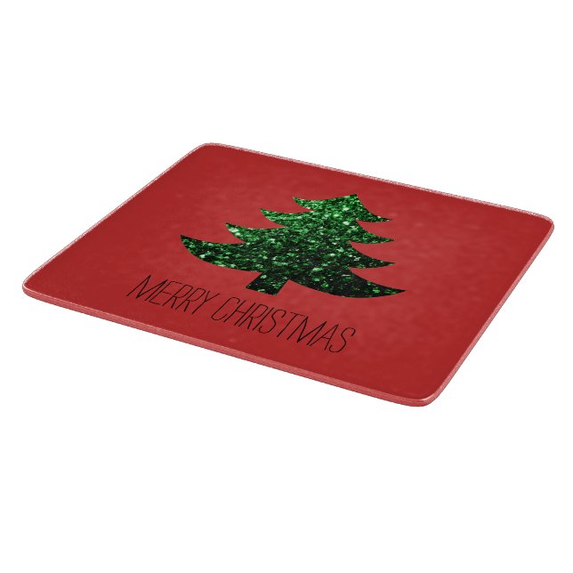 Customize Sparkly Christmas tree green sparkle Red Cutting Board (Corner)