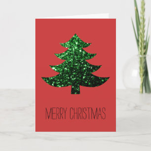 Customize Sparkly Christmas tree green sparkle Red Holiday Card