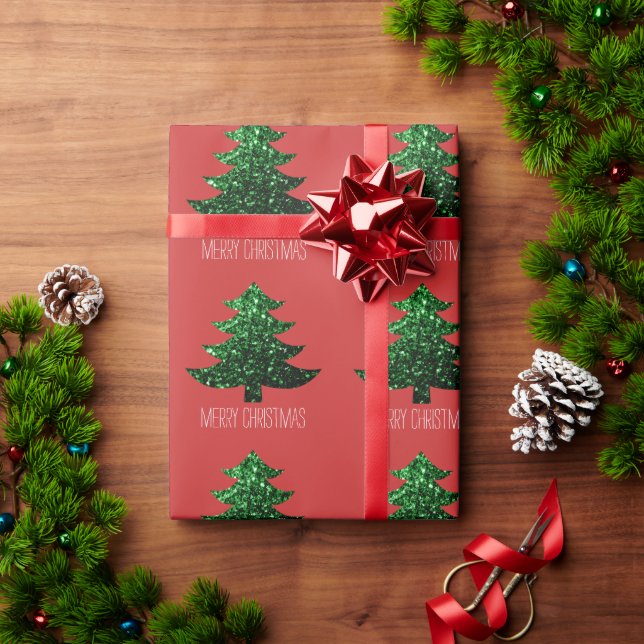 Customize Sparkly Christmas tree green sparkle Red Wrapping Paper (Holiday Gift)