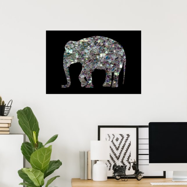 Customize Sparkly colourful silver mosaic Elephant Poster (Home Office)