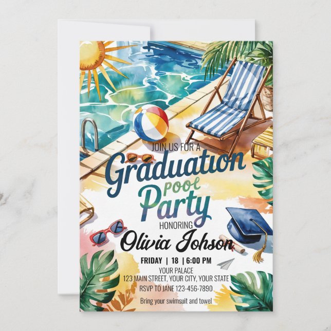 Customize Sun Lounge Chair Graduation Pool Party Invitation (Front)