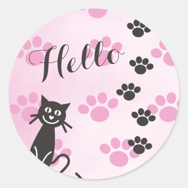Customize Text Cat © Pink Black Paw Prints Classic Round Sticker (Front)