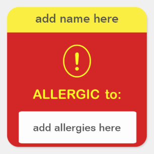 CUSTOMIZE THIS ~ Add Name + Allergy. Square Sticker