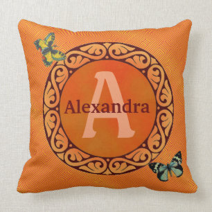 Customize this orange and butterfly throw pillow