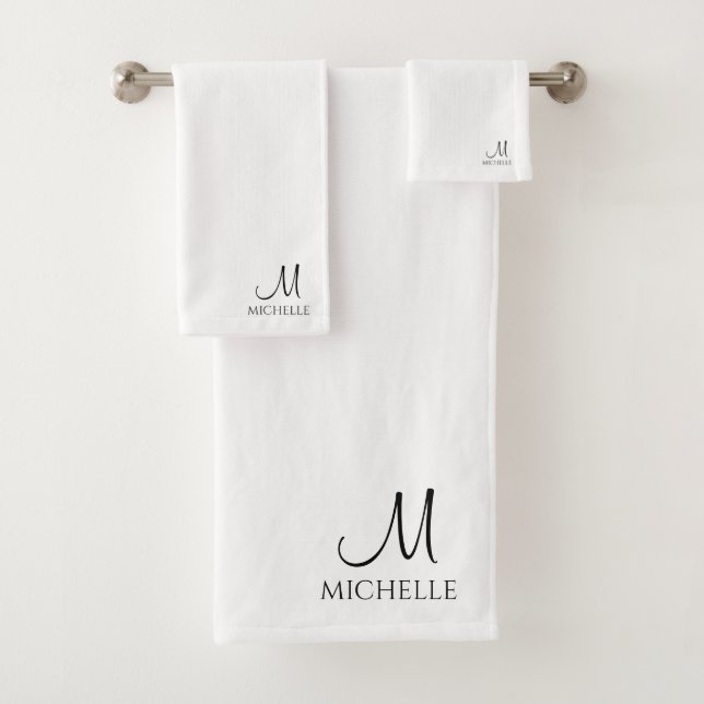 Customize Typography Monogram Name Black White Bath Towel Set (Insitu)
