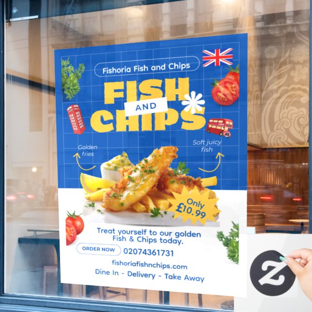 Customize UK Edition Delicious Fish N Chips Restau Window Cling (Cafe Window)
