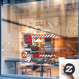 Customize Vintage Barber Shop Chair Moustache Razo Window Cling