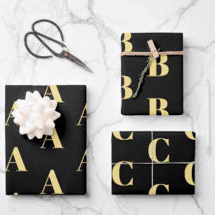 Customize w/Initial monogram Letter gold black Wrapping Paper Sheet