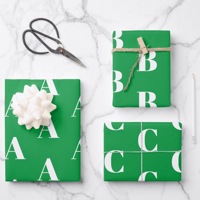 Customize w/Initial monogram Letter green white Wrapping Paper Sheet (Front)