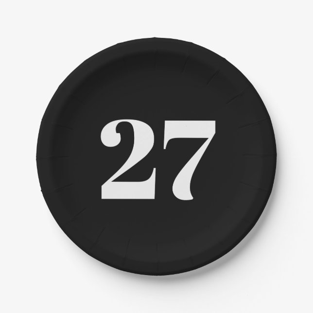 Customize w/Initial White Letter Number Black Paper Plate (Front)