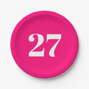 Customize w/Initial White Letter Number hot pink Paper Plate