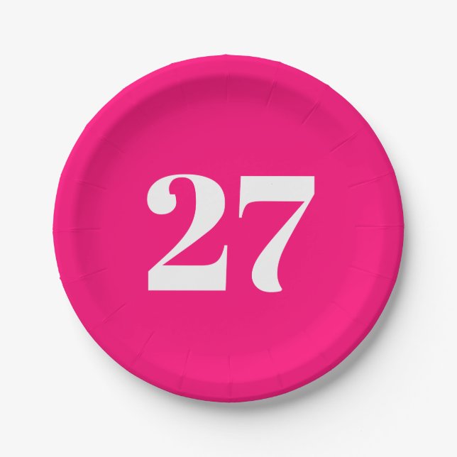 Customize w/Initial White Letter Number hot pink Paper Plate (Front)
