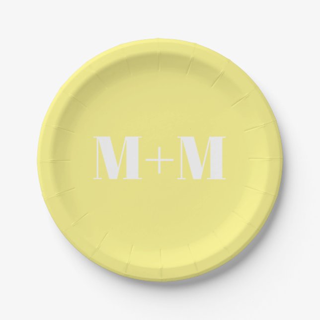 Customize w/Initial White Letter Number yellow Paper Plate (Front)