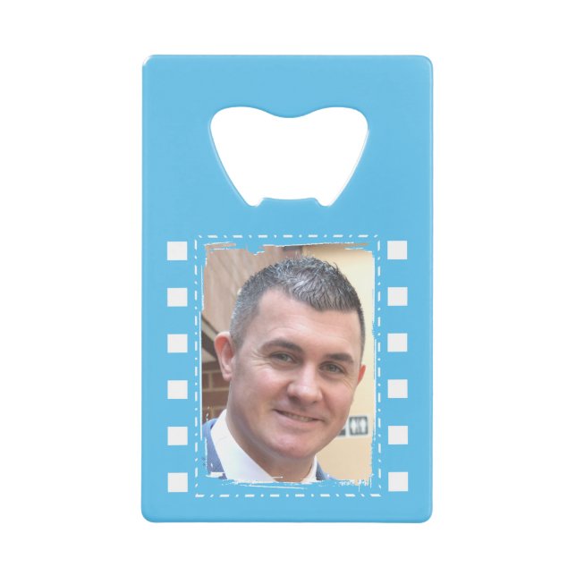 Customize with 2 photos light blue and white credit card bottle opener (Front)