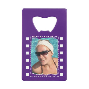 Customize with 2 photos purple and white credit card bottle opener