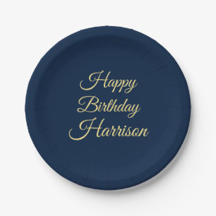 Customize with name, Happy Birthday navy blue gold Paper Plate
