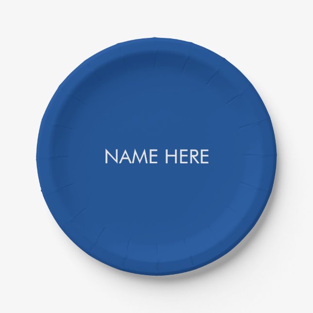 Customize with name, text minimalist blue white paper plate (Front)