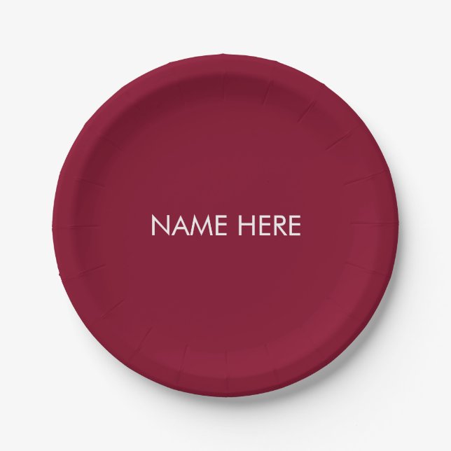 Customize with name, text minimalist burgundy paper plate (Front)