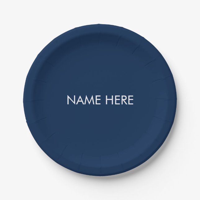 Customize with name, text minimalist navy blue paper plate (Front)