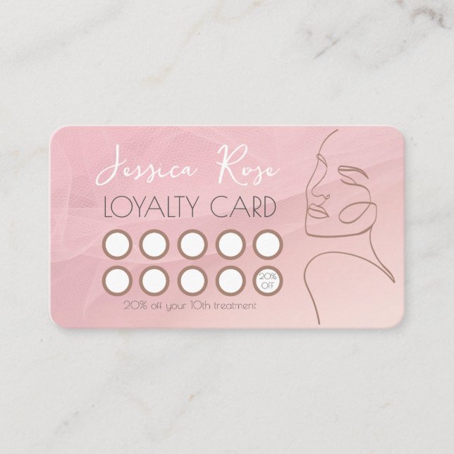 Customize With Your Salon QR Code Line Art Pink Loyalty Card (Front)