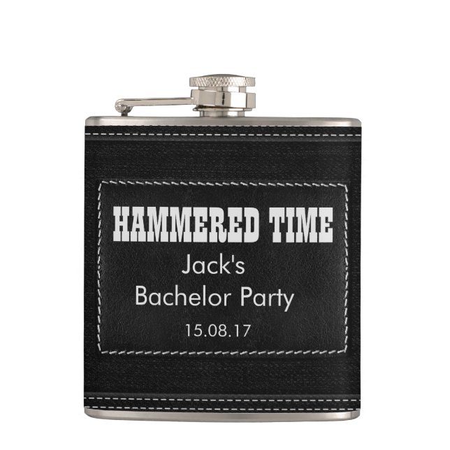 Customize with your text - black leather hip flask (Front)