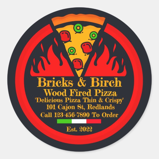 Customize Wood Fired Pizza Restaurant Promo Classic Round Sticker (Front)