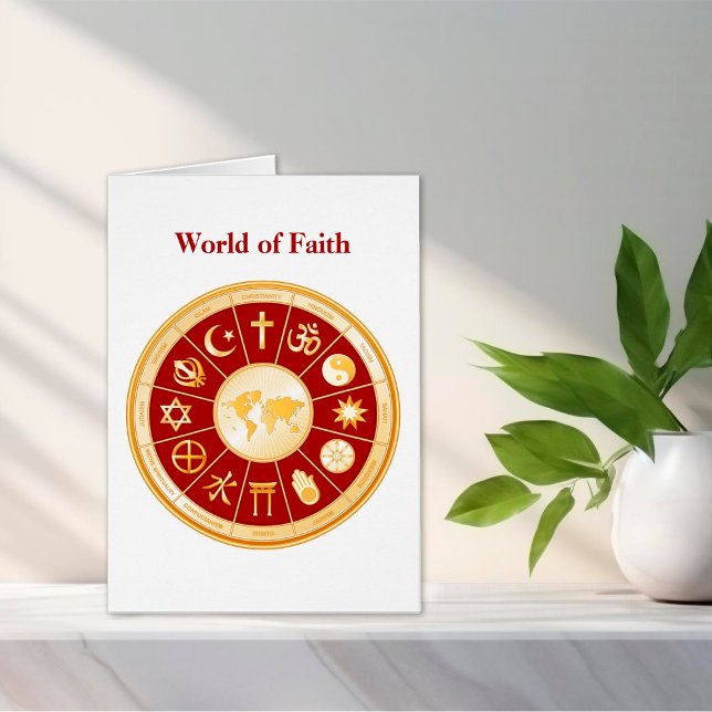 Customize World of Faith Greeting Card (Original design features finely detailed gold icons of world faiths surrounding a world map. )